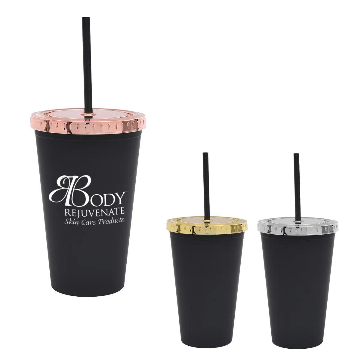 Sixteen ounce matte black tumbler with a metallic lid and straw