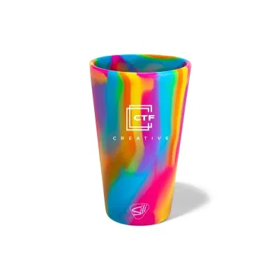 Rainbow swirled silicone pint glass holding sixteen ounces