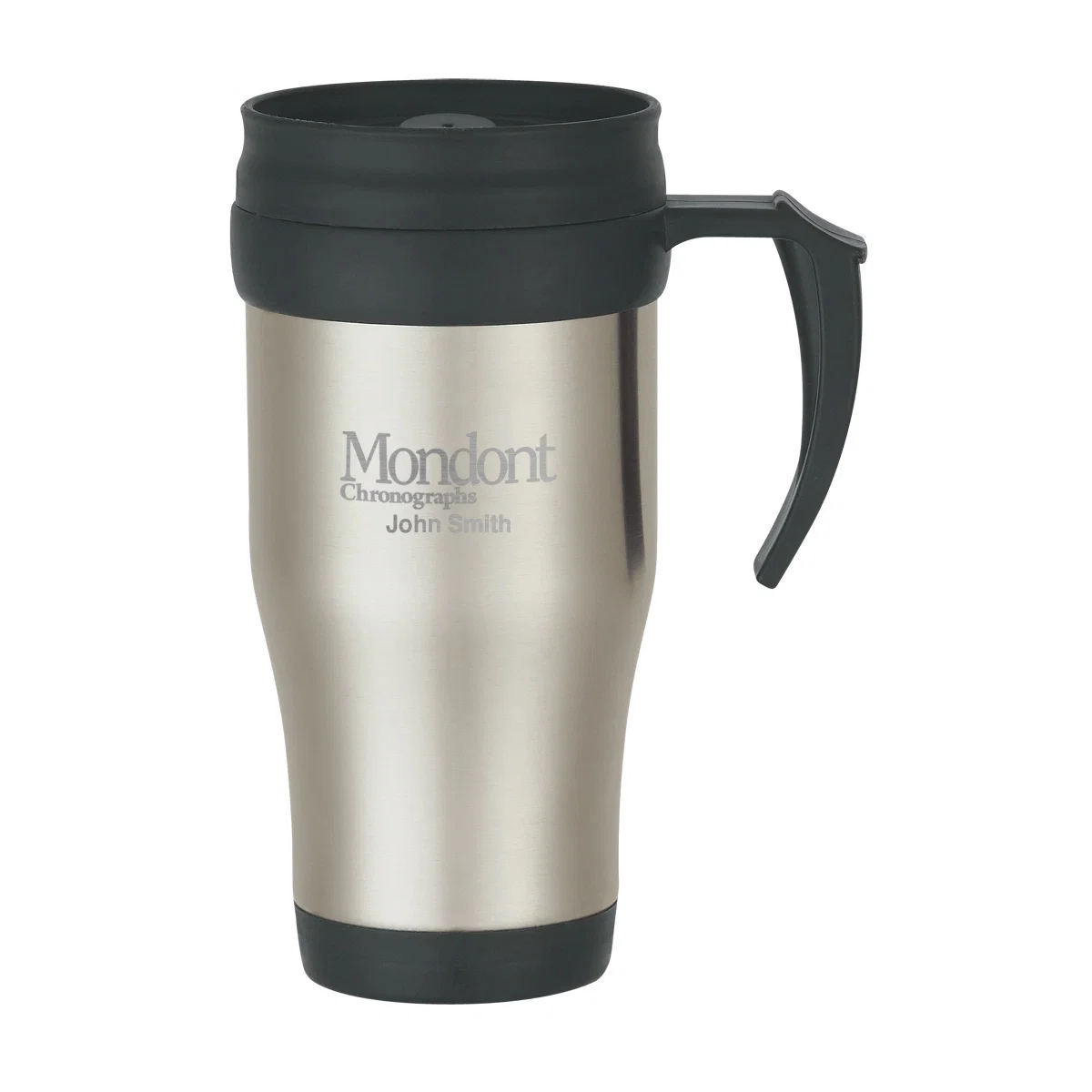 Silver mug body paired with black accents