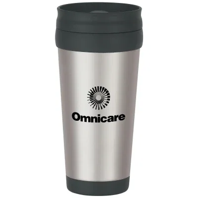 Stainless steel travel tumbler with black accents and a slide lid