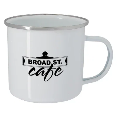 Steel campfire mug holding sixteen ounces with a two tone finish