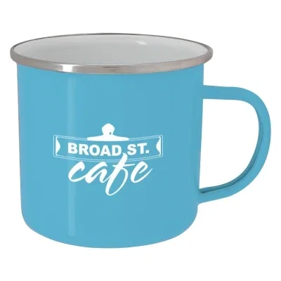 Angled view of the squat mug standing about three inches tall