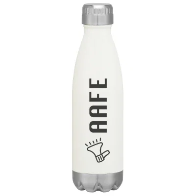 Recycled stainless steel water bottle standing upright with silver accent trim
