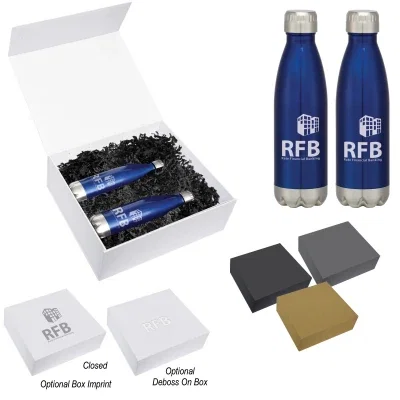 Sixteen ounce stainless steel bottle presented inside a gift box