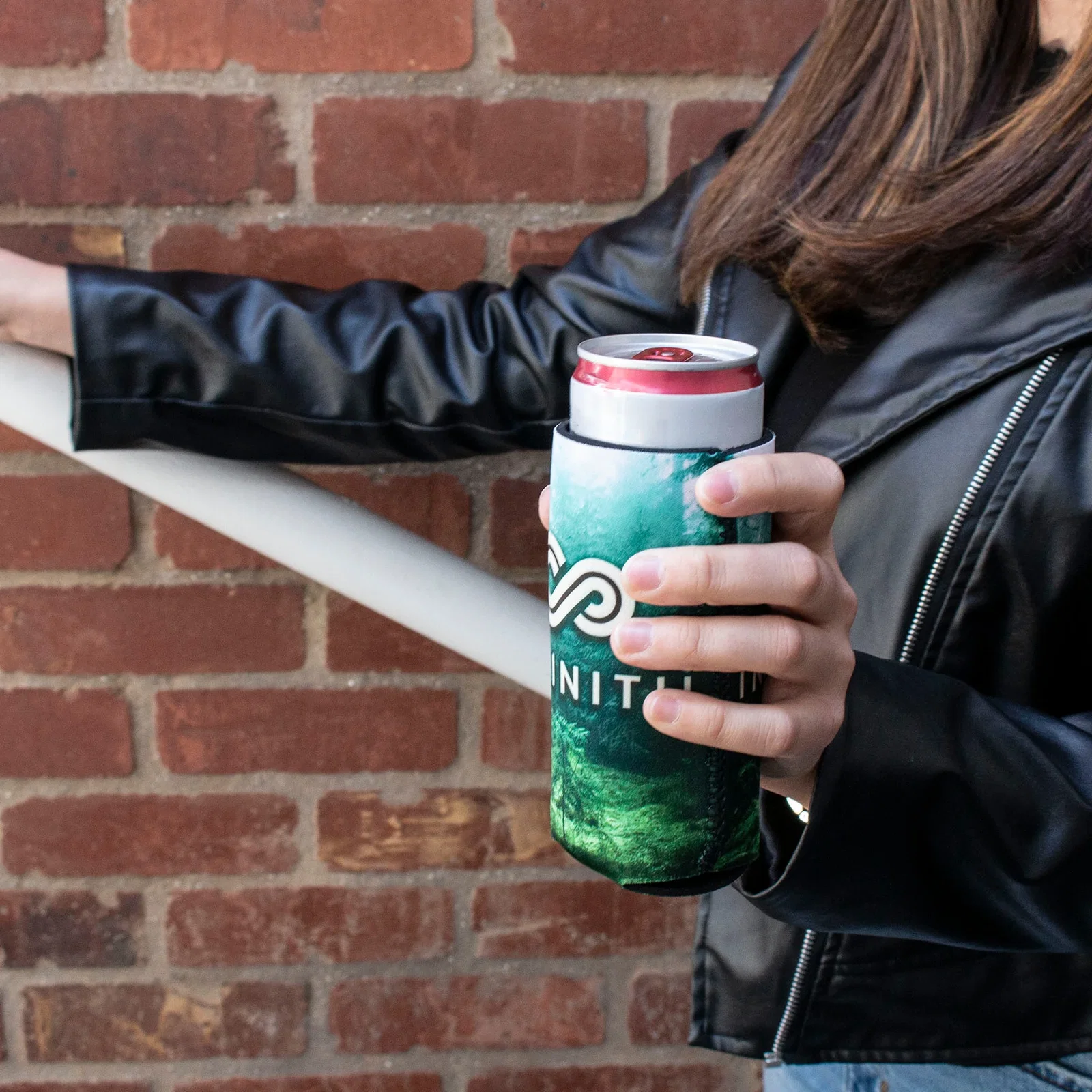 Full Color 16 oz Neoprene Can Cooler held in hand