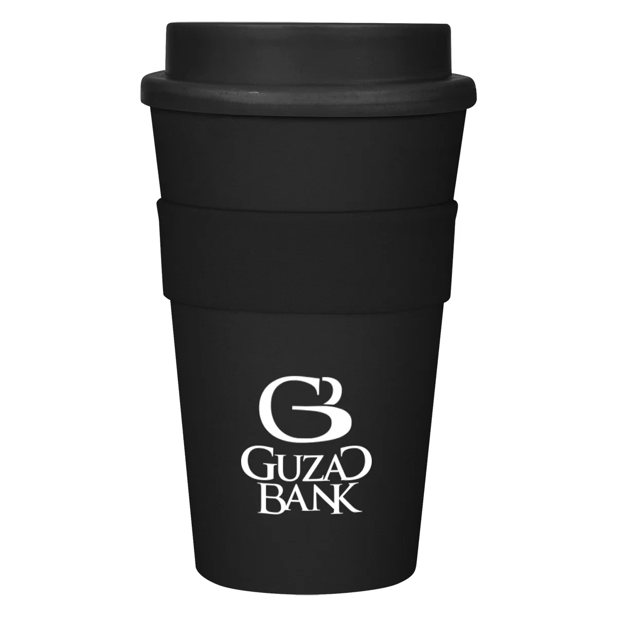 Black sixteen ounce travel tumbler with a fitted lid