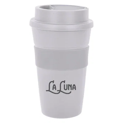 Sixteen ounce travel tumbler with its straw in place
