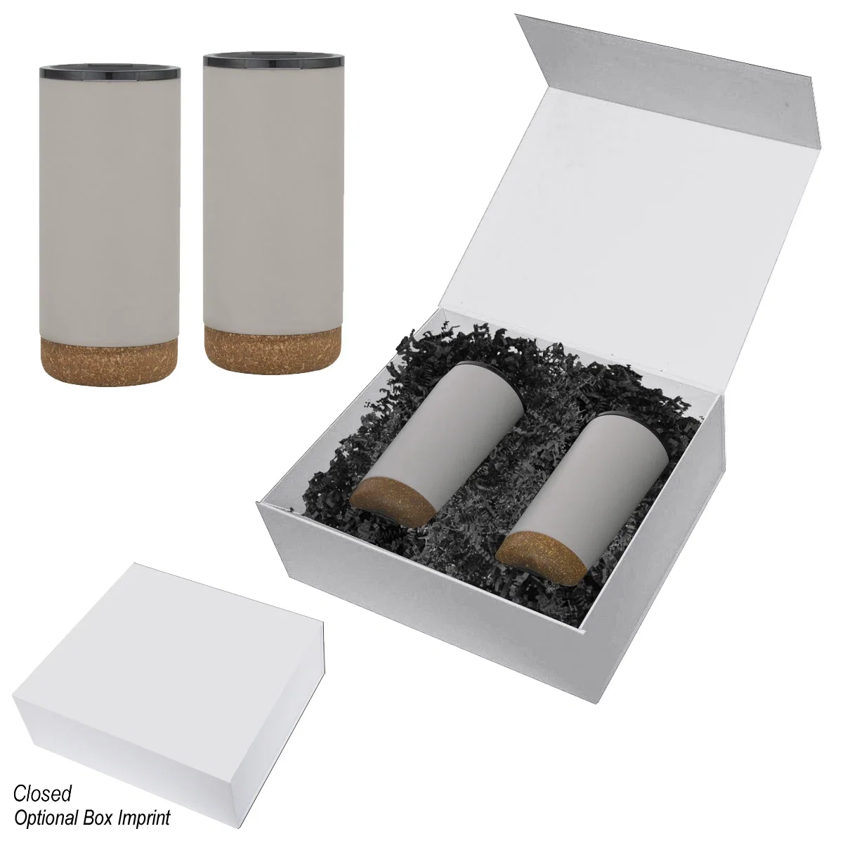 Black cup shown beside its twelve inch tall carton