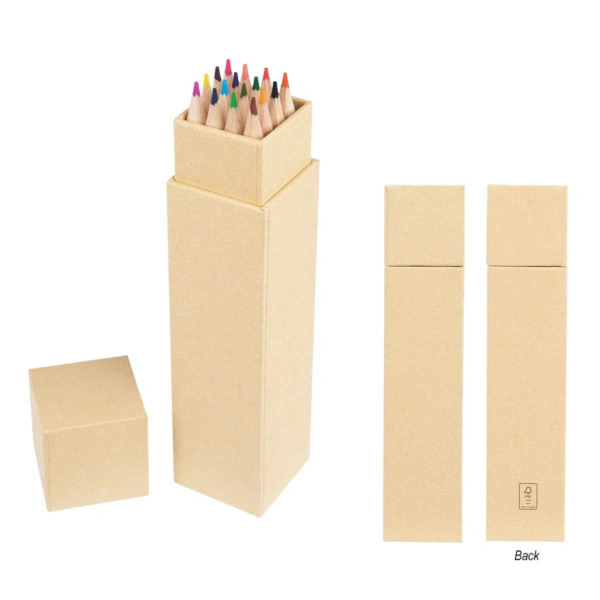 Container shown upright with the pencils tucked inside