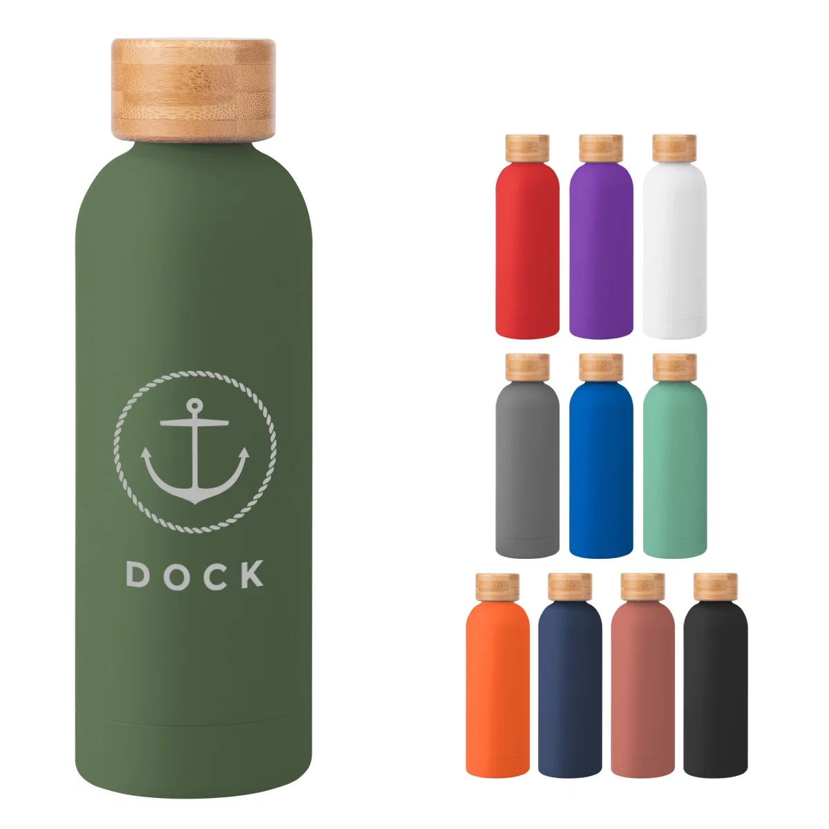 Stainless steel water bottle topped with a natural bamboo lid