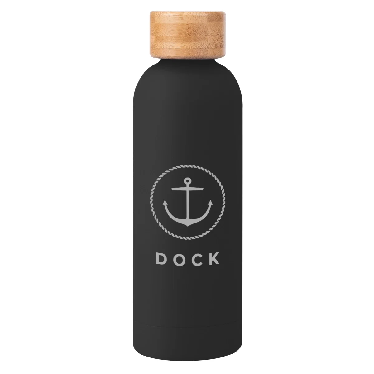 Bamboo cap twists onto the threaded neck of the bottle
