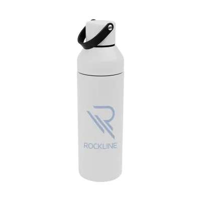 Recycled stainless steel water bottle standing upright with lid closed