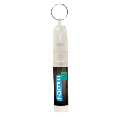 Blue cap tops the slim rectangular bottle
