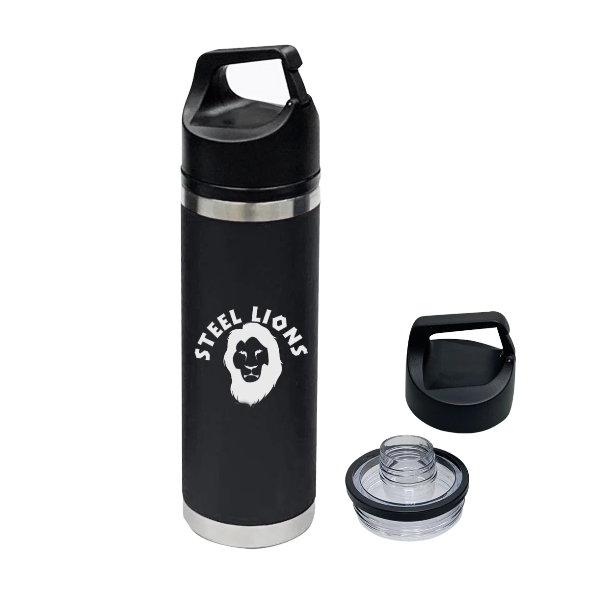 Stainless steel water bottle shown upright