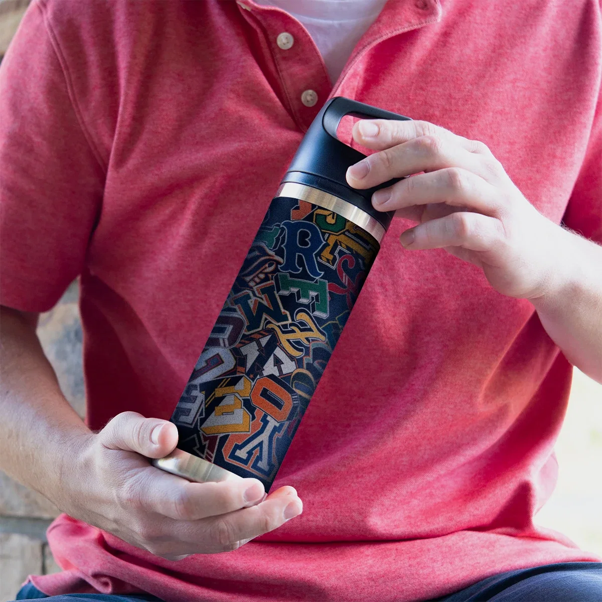 18 Oz. Full Color Davenport Stainless Steel Bottle held in hand