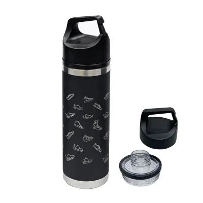 Stainless steel bottle holding 18 ounces with full laser engraving.