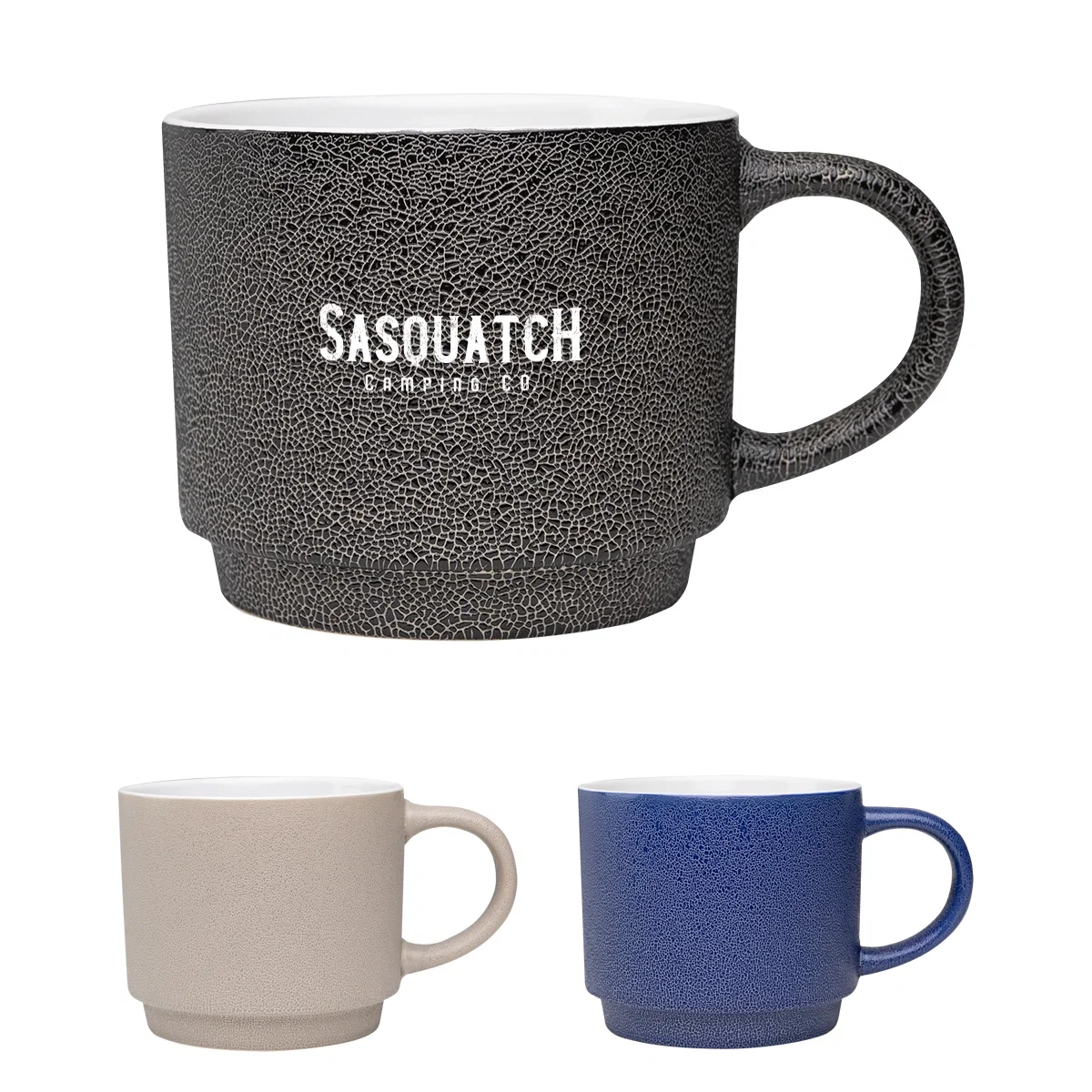 Ceramic mug with pebble grain texture and a curved handle