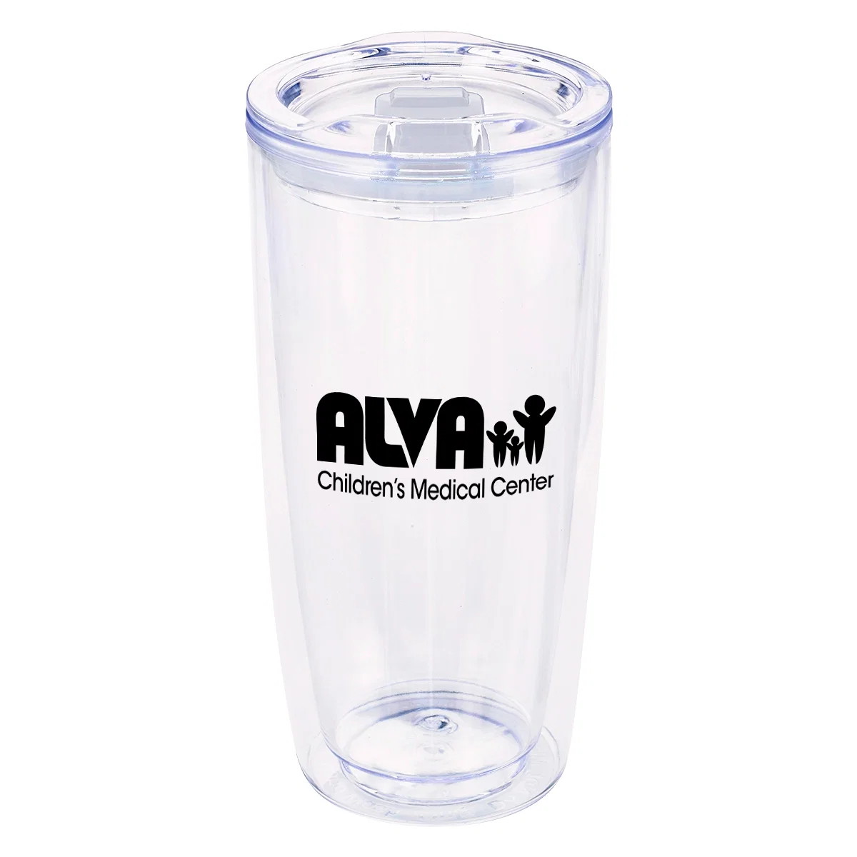 Clear plastic tumbler topped with a colored slider lid