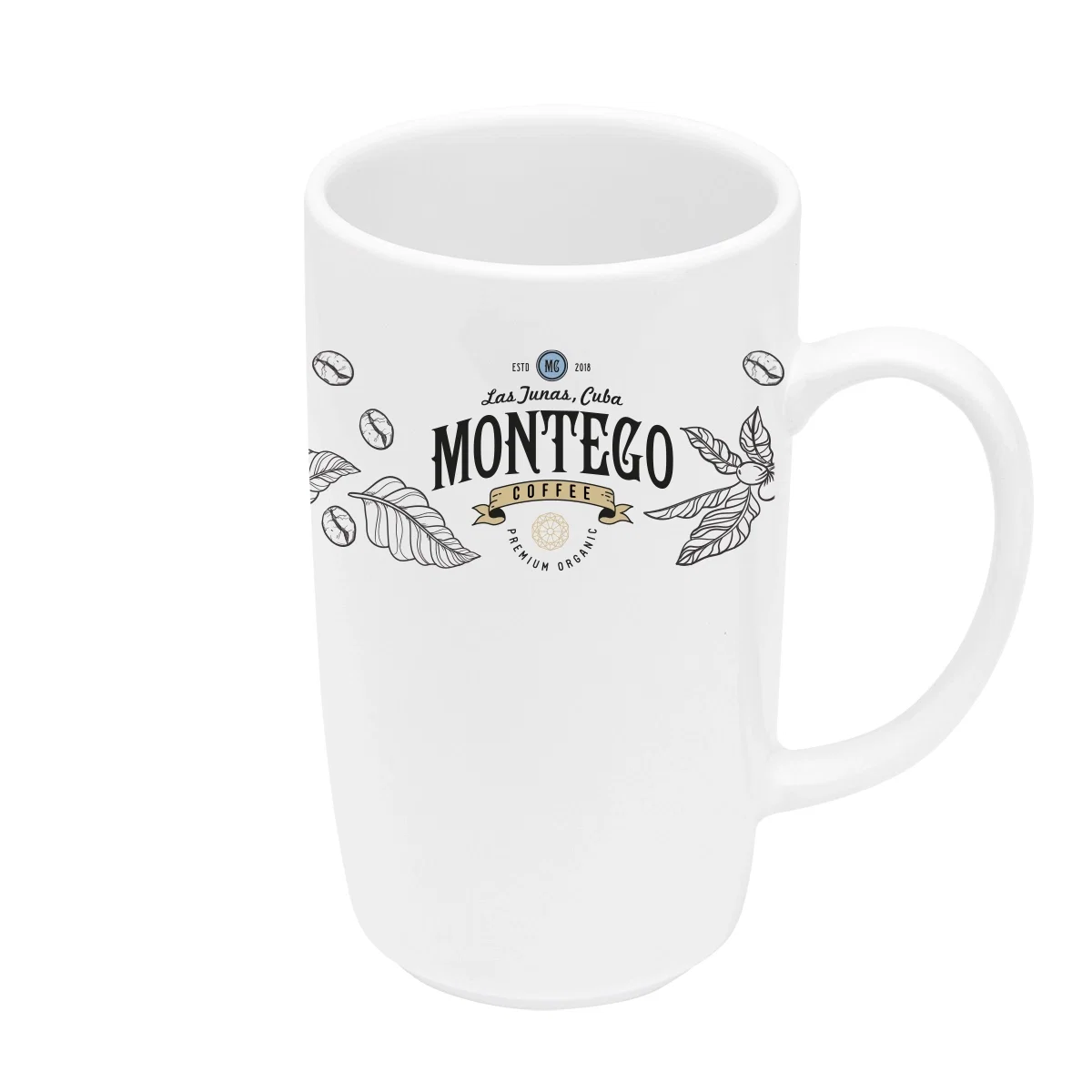 Ceramic mug offered in nineteen and eleven ounce sizes