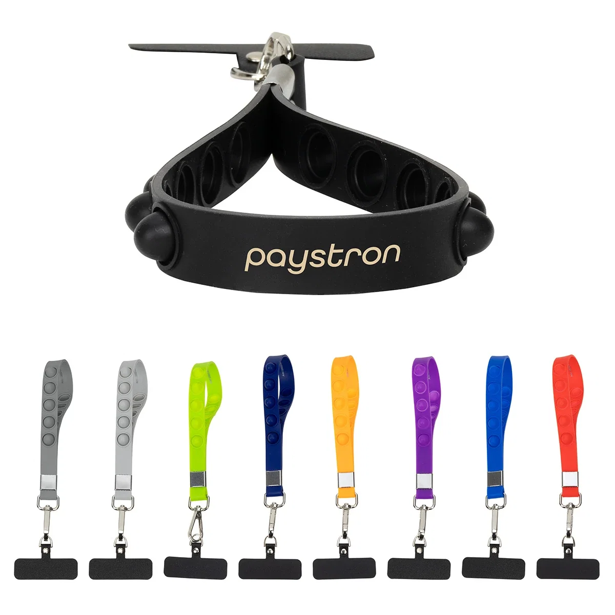 Custom 2-in-1 Push Pop Stress Reliever Phone and Keychain Wristlet, front view of the branded accessory