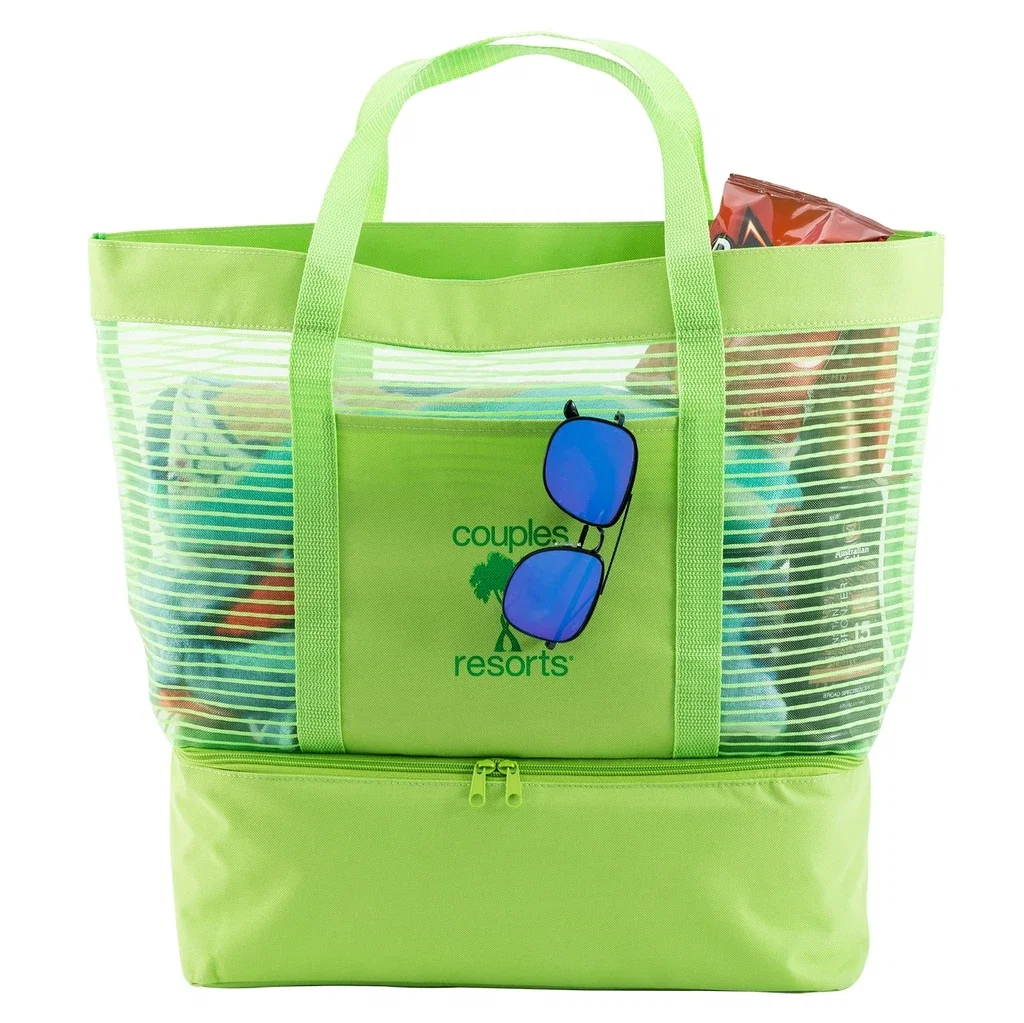 2 in 1 Striped Mesh Beach Bag Cooler — Lime Green