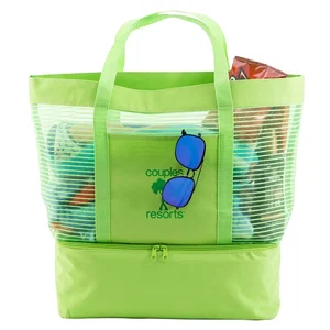 2-in-1 Striped Mesh Beach Tote with Cooler, 14" x 18", Full-Color Imprint