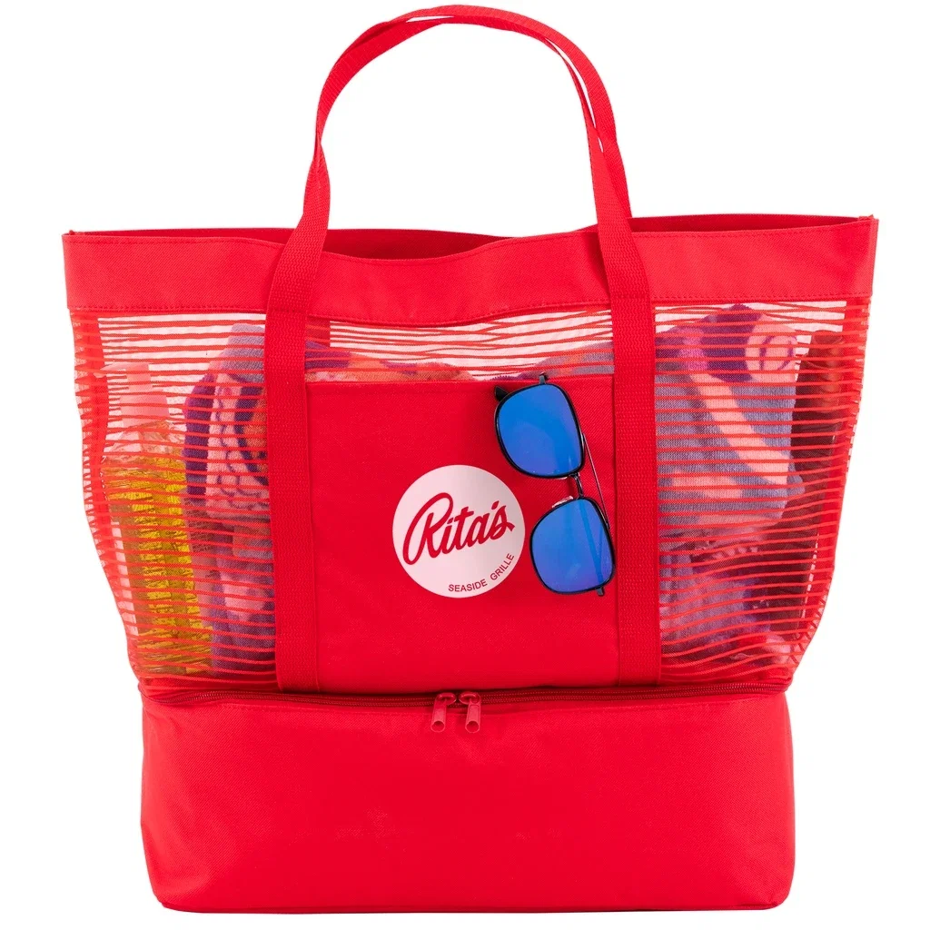 2 in 1 Striped Mesh Beach Bag Cooler — Red — view 2
