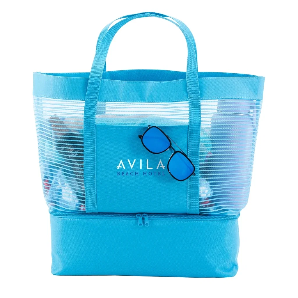 2 in 1 Striped Mesh Beach Bag Cooler — Ocean Blue — view 3