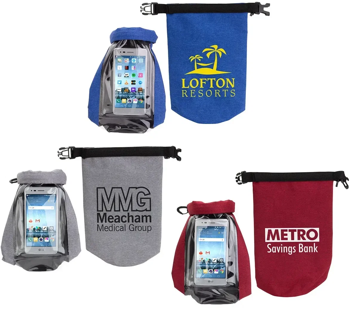 Custom 2-Liter Touch-Thru Phone Pocket Dry Bag, branded waterproof pouch with clear phone window, front view