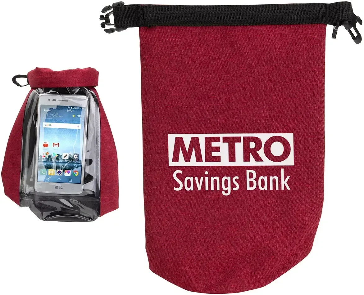 Custom 2-Liter Touch-Thru Phone Pocket Dry Bag back view, logo-ready waterproof pouch for the outdoors