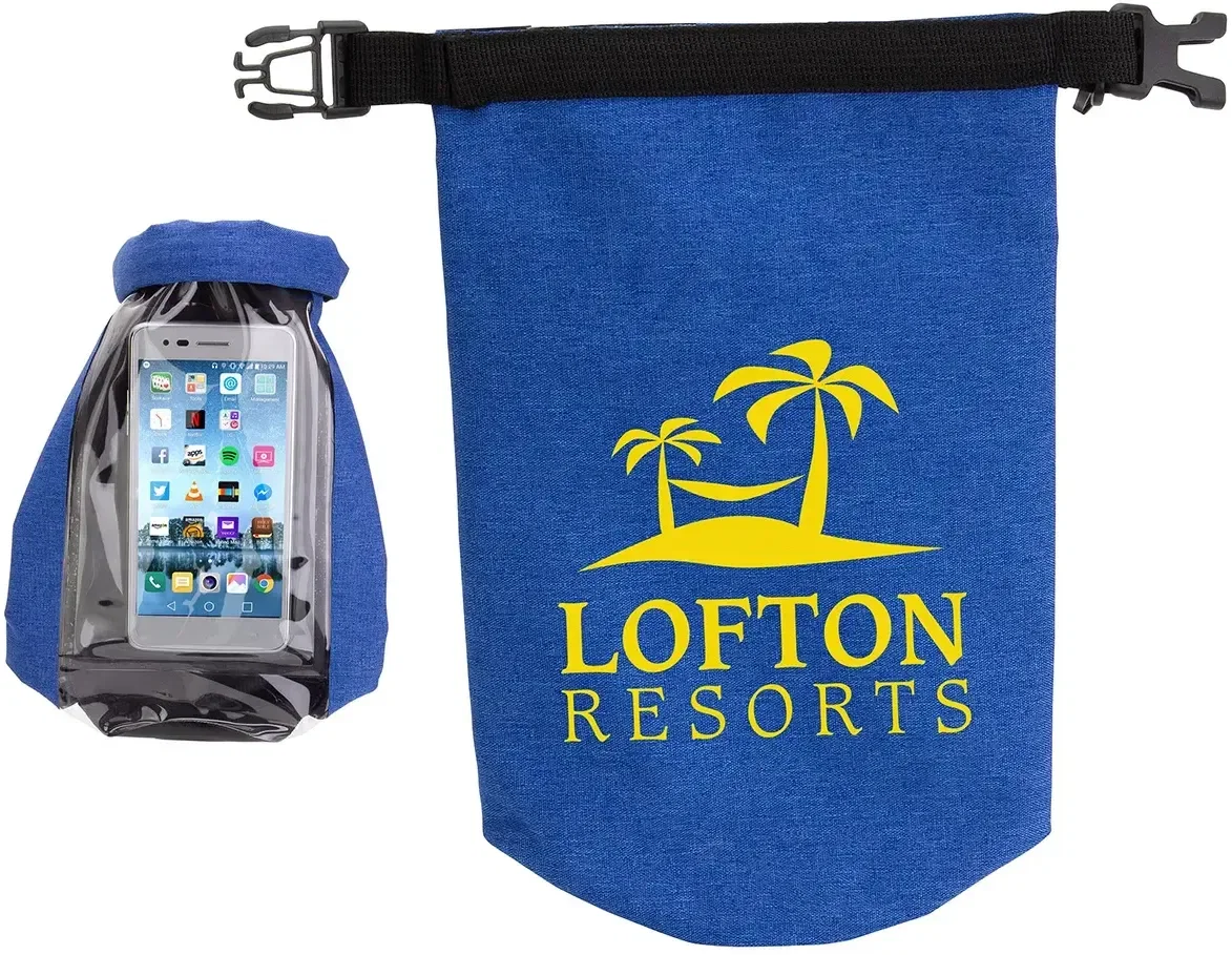 Promotional 2-Liter Touch-Thru Phone Pocket Dry Bag with phone in clear window, branded touch-thru waterproof pouch