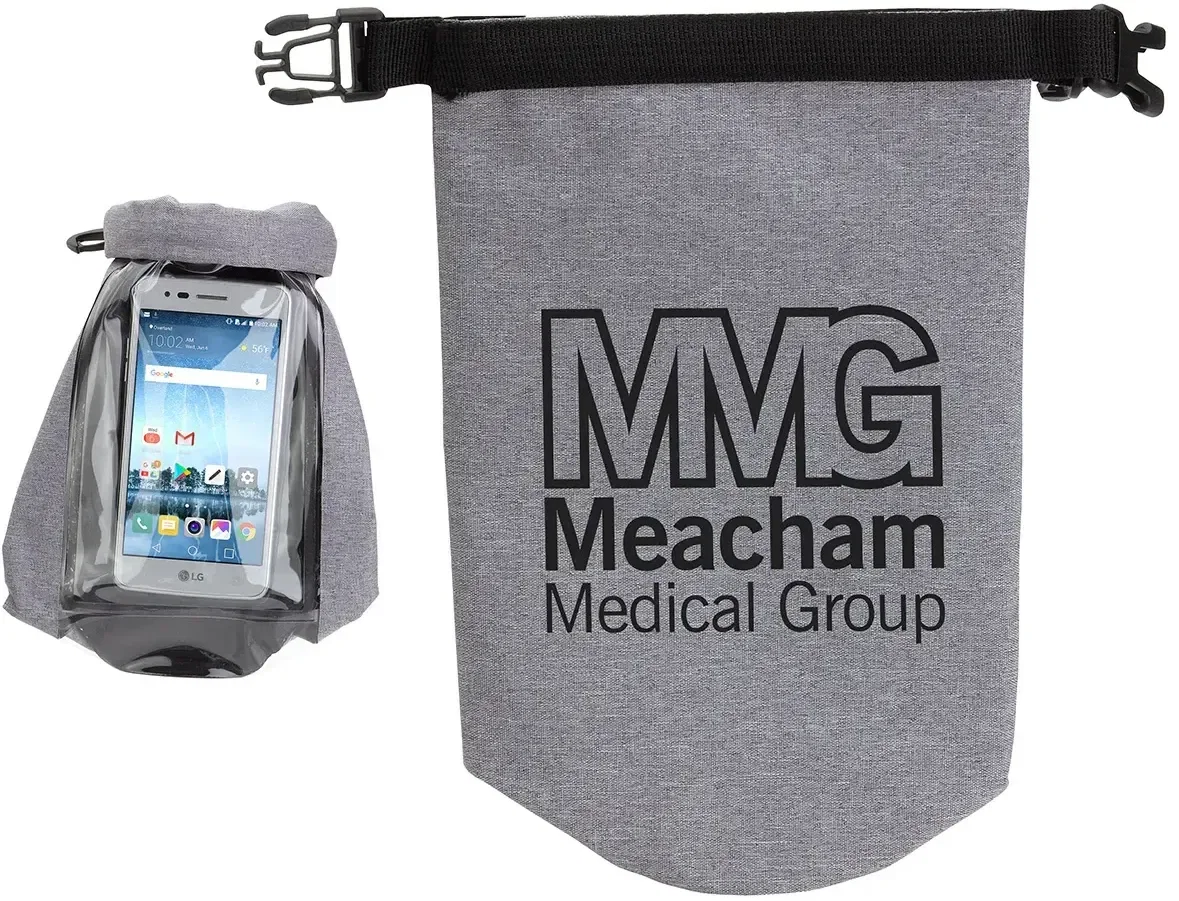 Custom 2-Liter Touch-Thru Phone Pocket Dry Bag close-up of roll-top seal, branded waterproof dry bag detail
