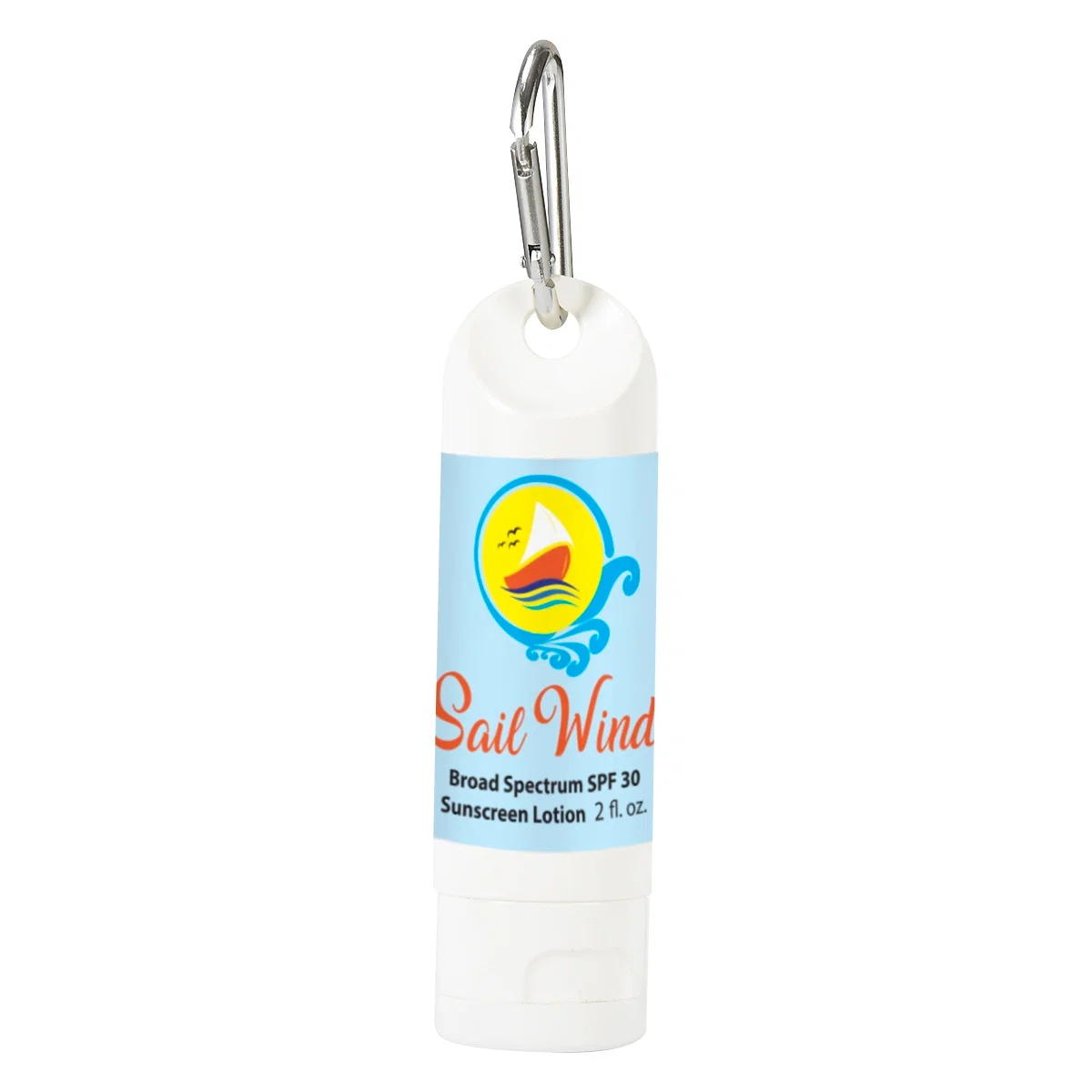 Two ounce SPF 30 sunscreen bottle with a silver carabiner