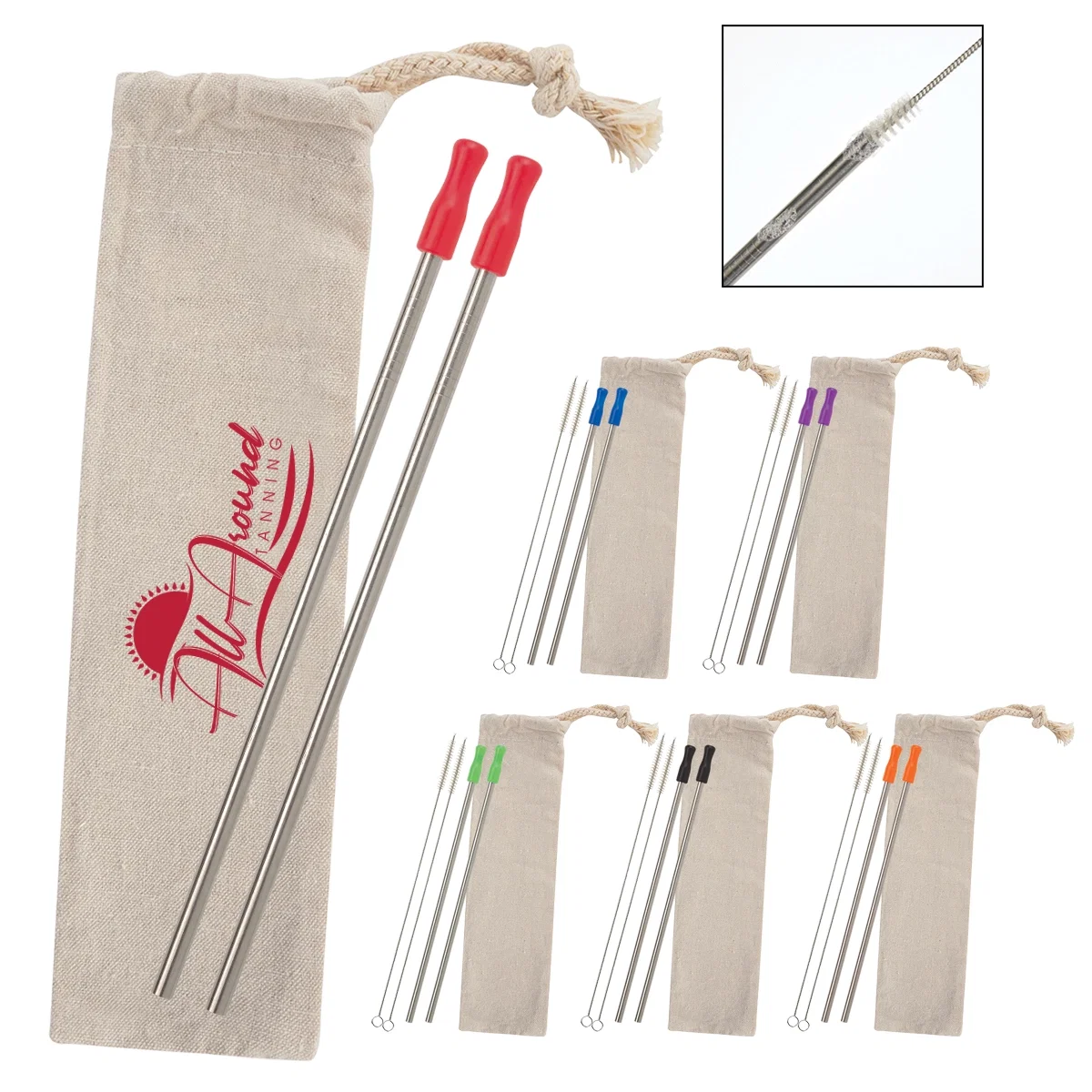 Stainless straw kit with a cotton pouch, offered in four options
