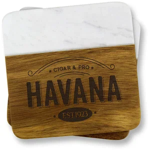 Acacia Wood and Marble Coaster Set, 2-Piece, 4" Square