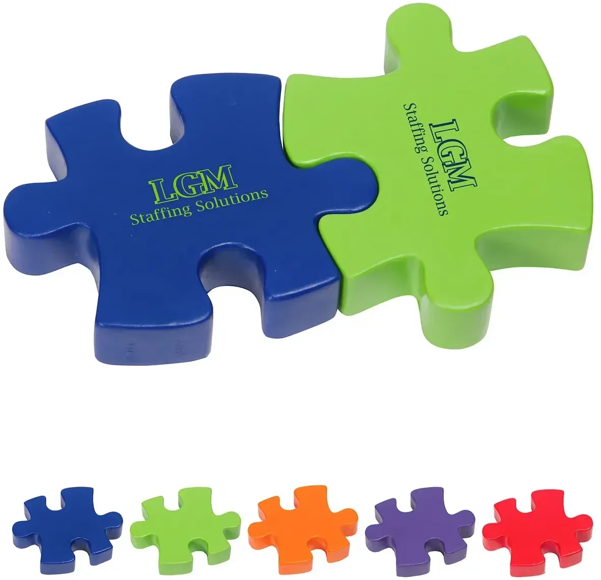 2-piece puzzle custom stress reliever, two interlocking squeeze pieces branded with logo, front view