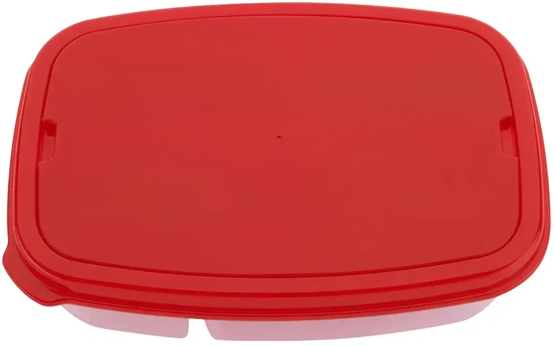 Two-section lunch container closed with a snap-on lid