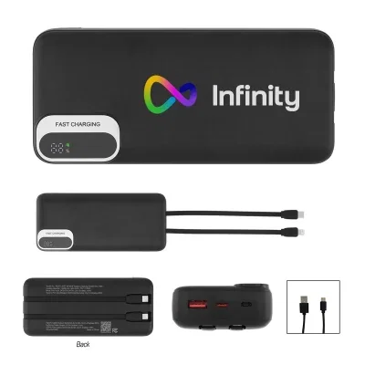 Twenty thousand milliamp power bank with built-in charging cables