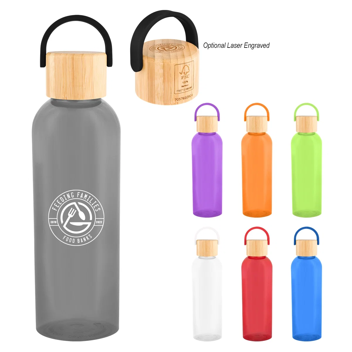 Twenty ounce rPET bottle topped with a bamboo lid