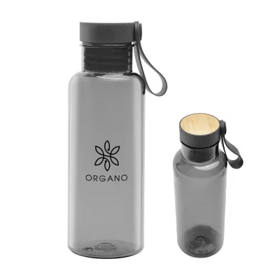 Twenty ounce recycled bottle topped with a bamboo accent lid