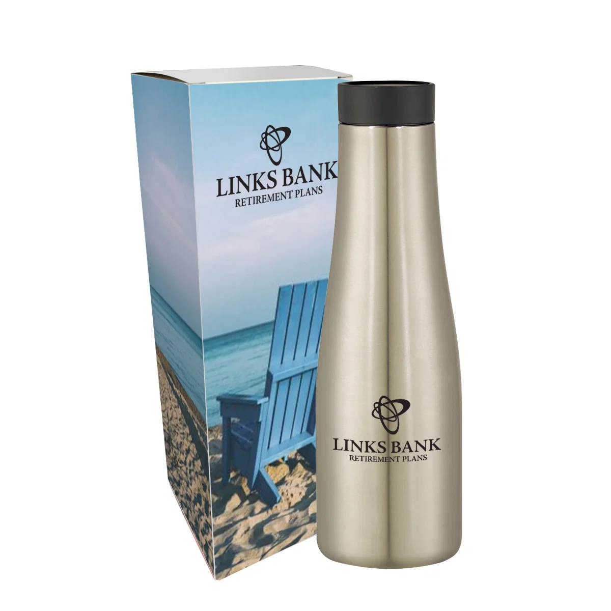 Matte blue stainless steel bottle with a black lid
