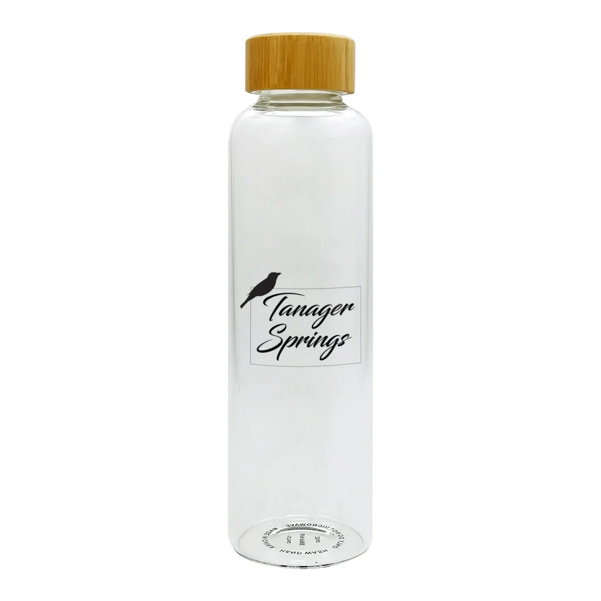 Twenty ounce clear glass bottle standing nine and a half inches tall