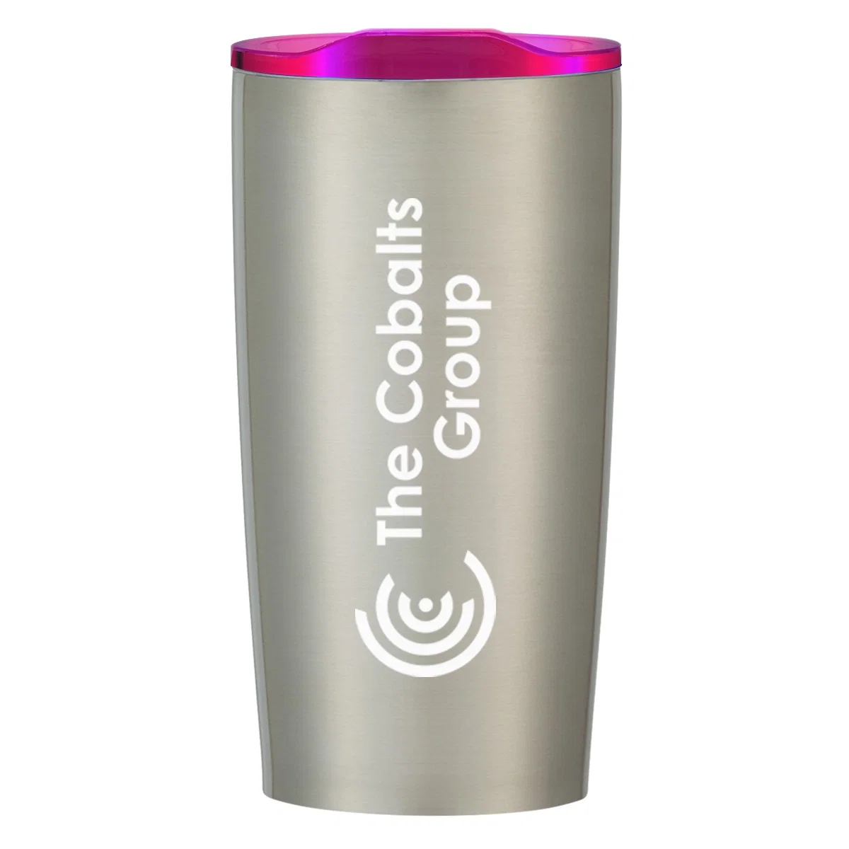 Twenty ounce tumbler with a metallic pink lid, shown upright