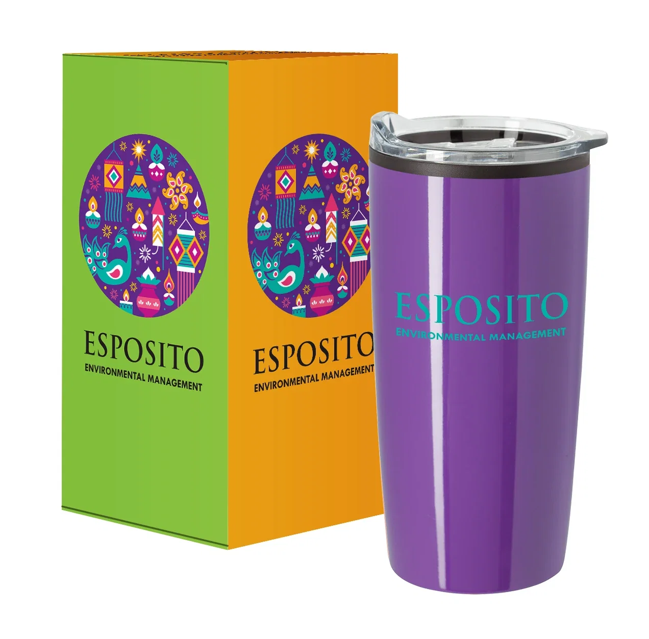 Gift carton opened to reveal the clear-lidded cup