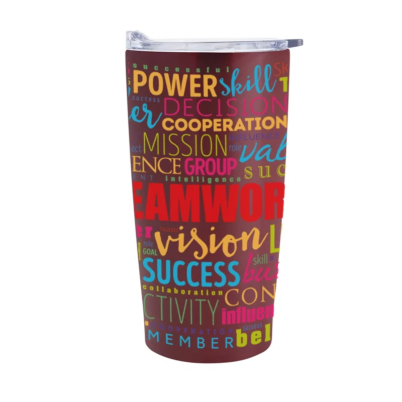Silver tumbler with artwork wrapping around the body