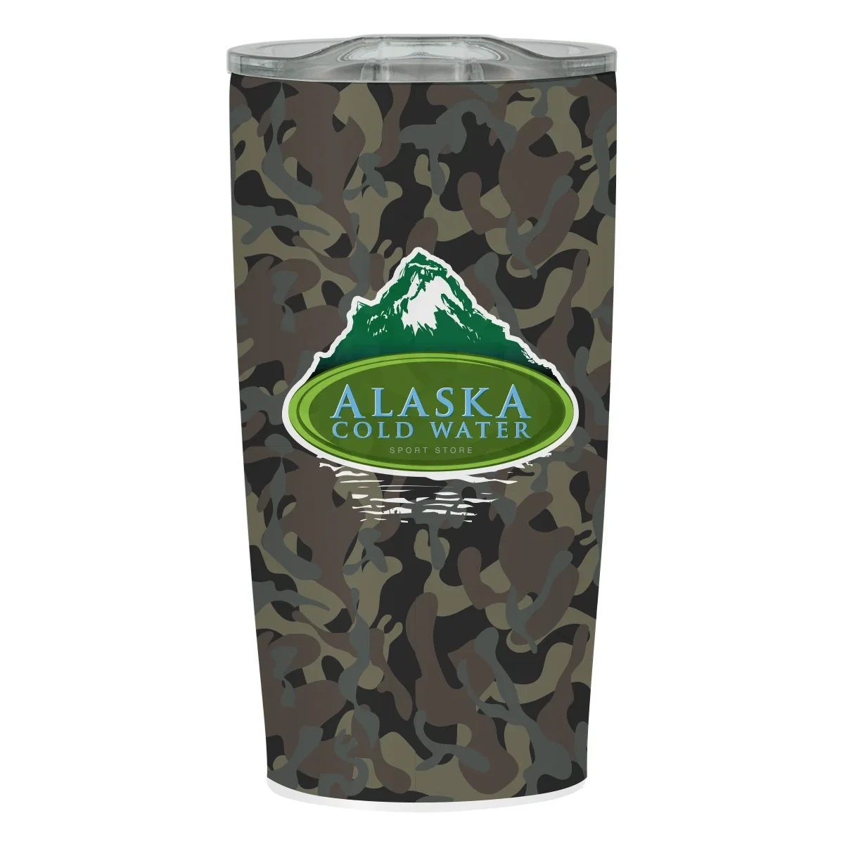 Camo pattern covering the tumbler from rim to base