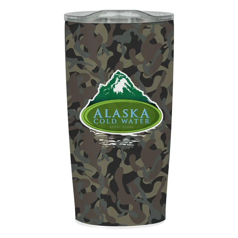 Camo pattern covering the tumbler from rim to base
