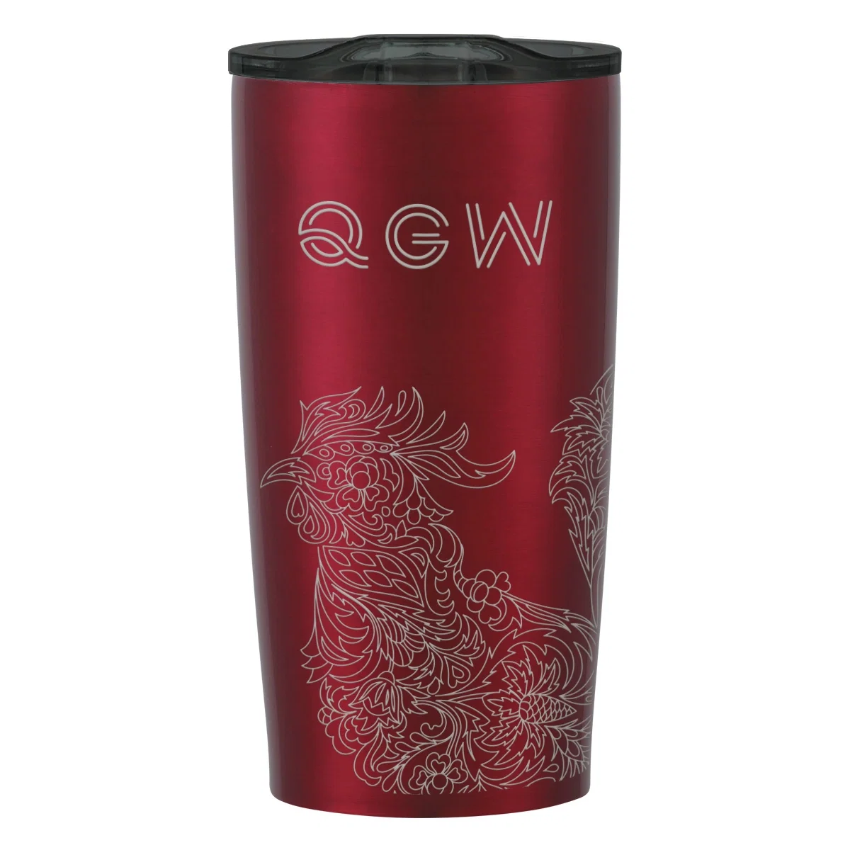 Twenty ounce stainless steel tumbler shown upright with its clear lid