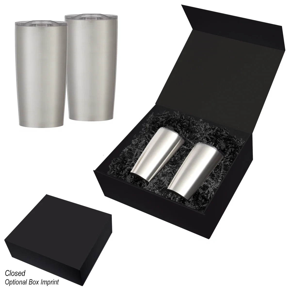 Silver finish tumbler shown beside the packaging