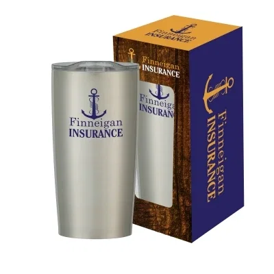 Stainless tumbler presented inside a printed window gift box
